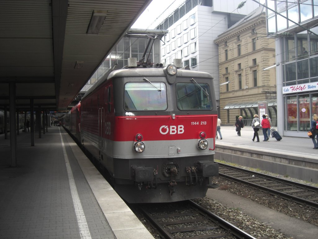 1144 213 fuhr soeben am Zugende in den Mnchner Hauptbahnhof ein. Aufgenommen am
31. Mai 2009.
