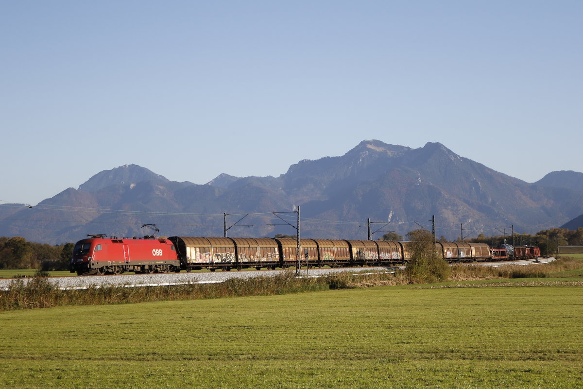 1016 025 mit einem gemischten Gterzug aus Salzburg kommend. Aufgenommen am 16. Oktober 2017 bei Bernau am Chiemsee.