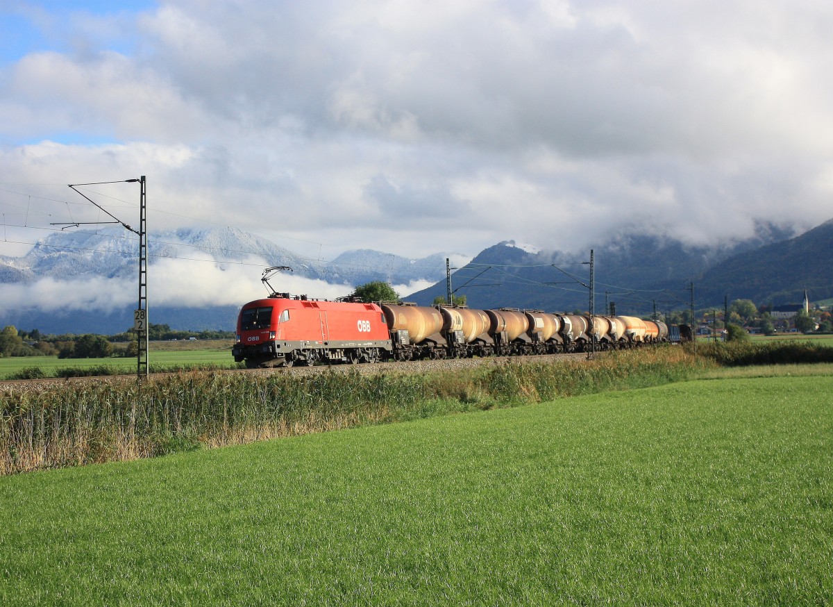 1016 029-9 mit einem gemischten Gterzug am 11. Oktober 2013 bei Bernau am Chiemsee.