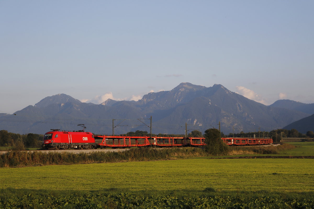 1116 084 mit einem leeren Autowagenzug aus Salzburg kommend am 19. September 2018 bei Bernau.