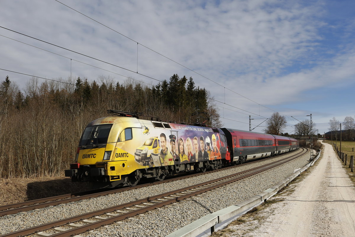 1116 153 der  AMTC -Taurus mit einer  Railjet-Garnitur  aus Salzburg kommend am 3. Mrz 2019 bei Grabensttt.