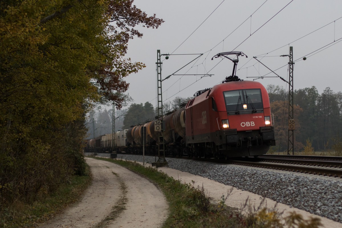 1116 155 mit einem gemischten Gterzug am 30. Oktober 2015 bei bersee.