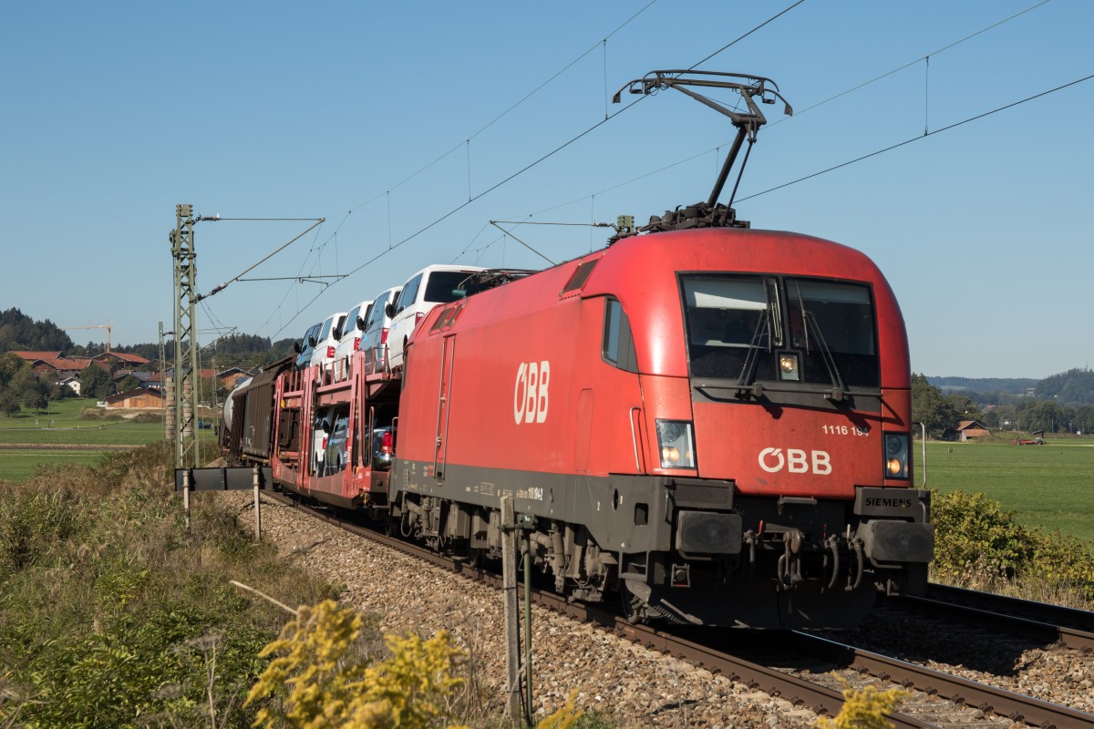 1116 194-2 mit einem gemischten Gterzug aus Mnchen kommend am 1. Oktober 2015 bei Bernau am Chiemsee.