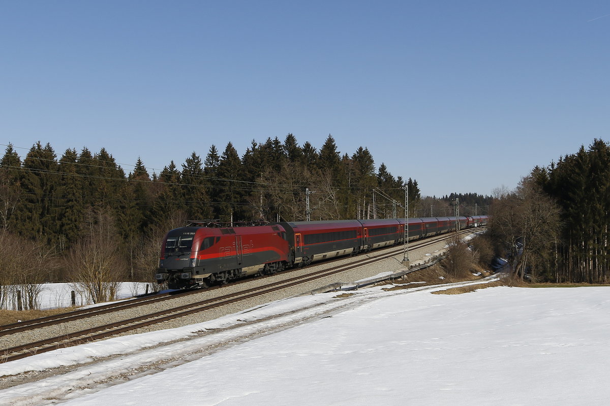 1116 207 mit einem  Railjet  aus Salzburg kommend am 23. Februar 2019 bei Grabensttt.