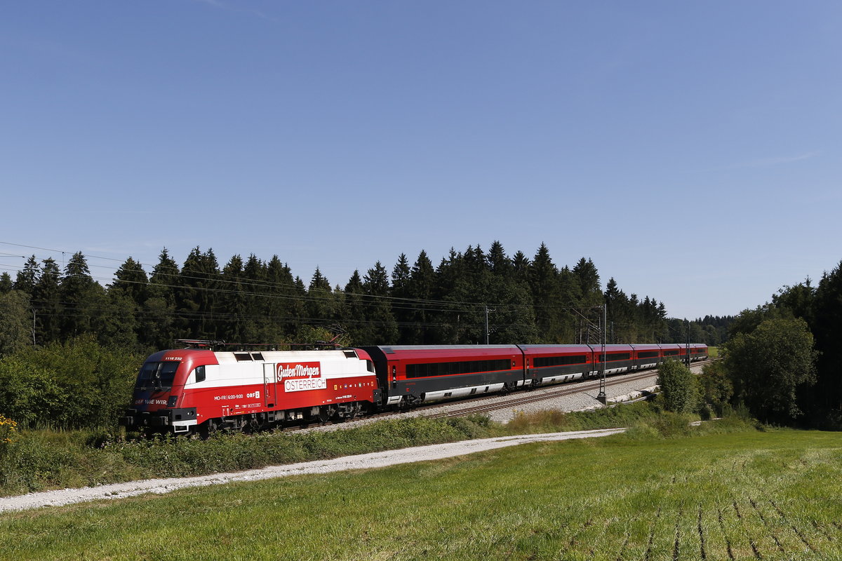 1116 232  ORF  mit einem Railjet auf dem Weg nach Innsbruck. Aufgenommen am 12. August 2018 bei Grabensttt.