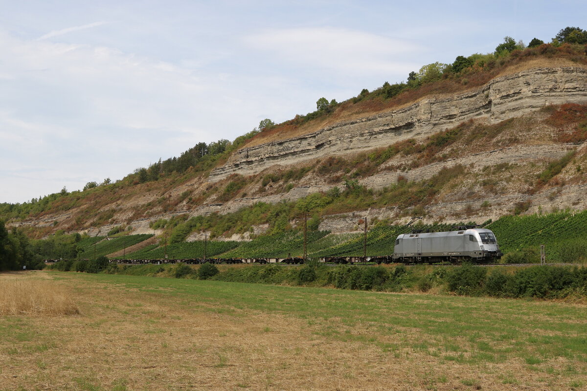 182 101 mit leeren Tragwagen am 5. August 2022 bei Thngersheim im Maintal.