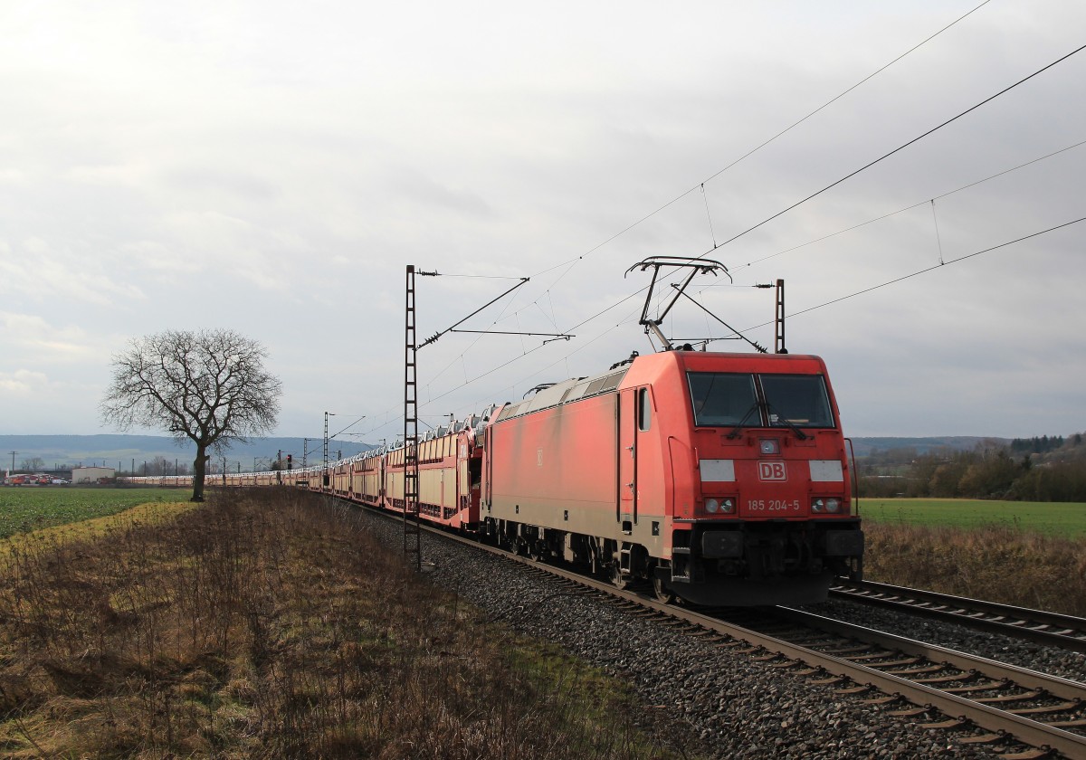 185 204-5 befrdert am 21. Februar 2014 einen Autozug bei Thngersheim durch das Maintal.