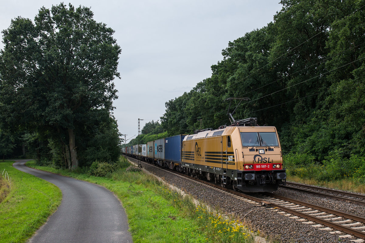 185 597-2 mit einem Containerzug am 17. August 2017 bei Drverden.