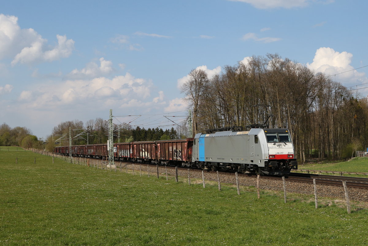 186 257 mit einem  Schrottzug  aus Mnchen kommend am 21. April 2021 bei Vogl.