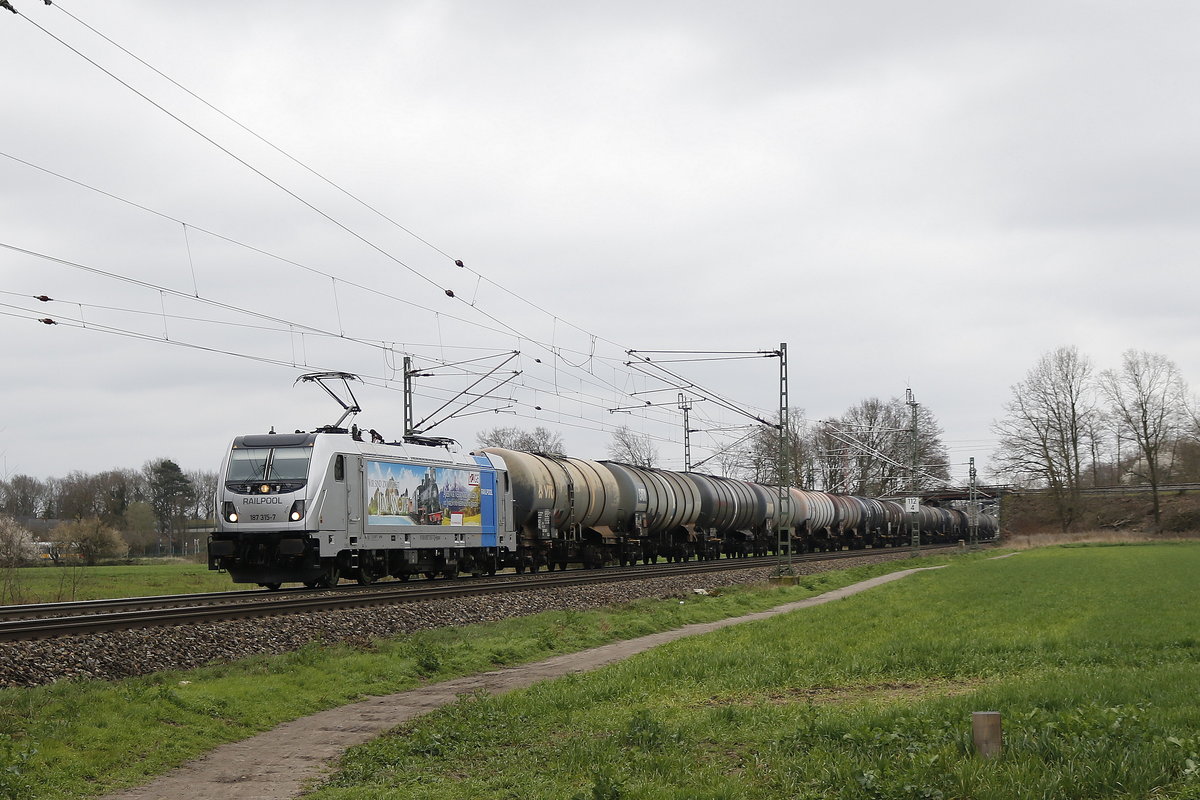 187 315  Jim Knopf  von Railpool war mit einem Kesselwagenzug am 28. Mrz 2019 bei Bremen-Mahndorf in Richtung Bremen unterwegs.