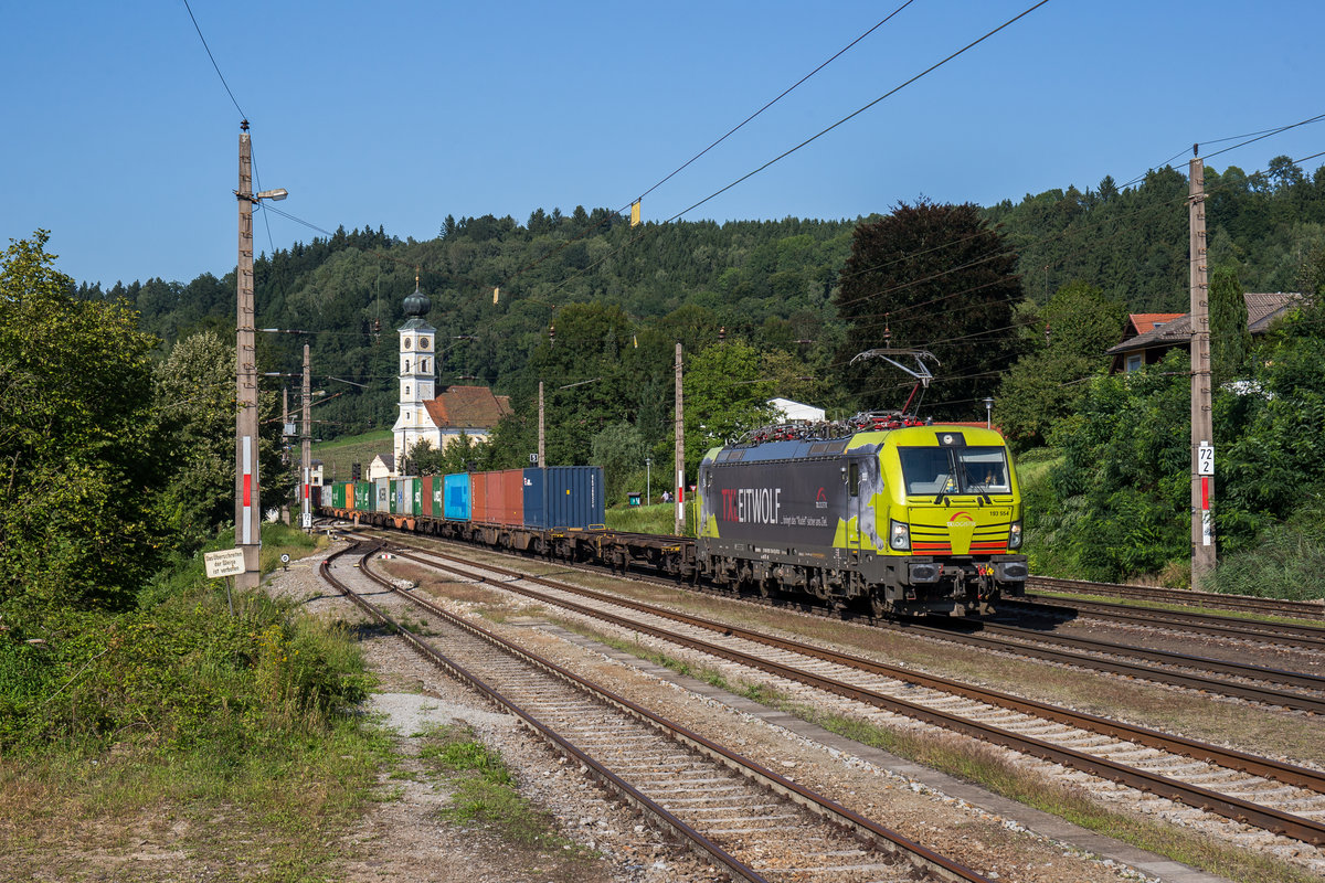 193 554  Leitwolf  am 23. August 2017 mit einem Containerzug bei Wernstein.