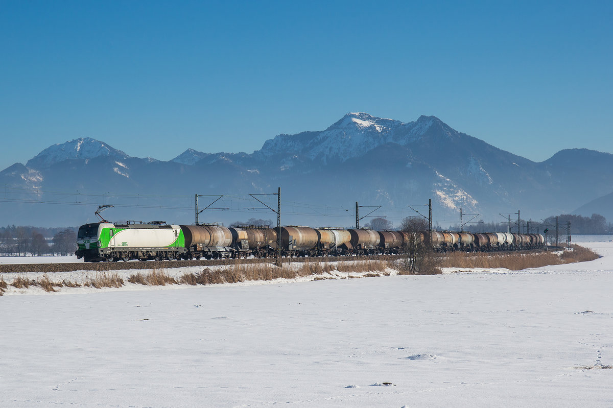 193 812 mit einem Kesselwagenzug aus Salzburg kommend am 29. Januar 2017 bei Weisham.