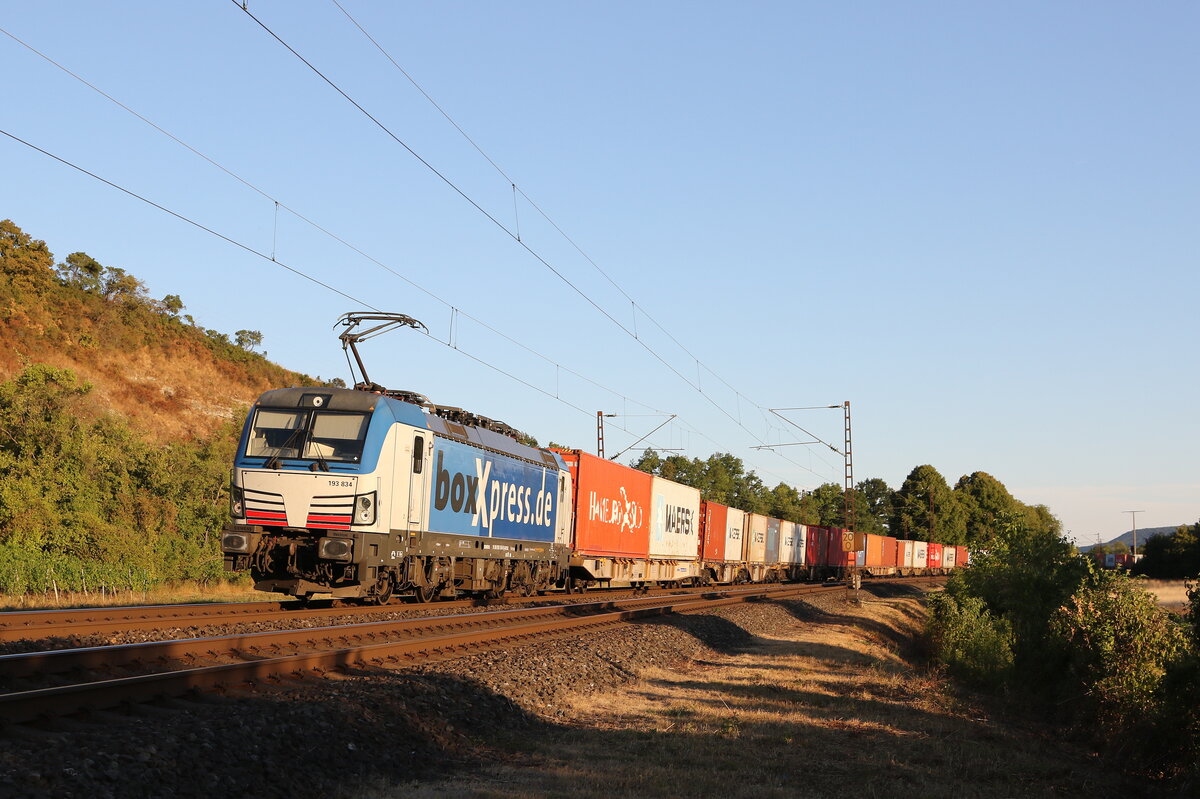 193 834 von  BoxXpress  mit einem Containerzug am 6. August 2022 bei Himmelstadt am Main.