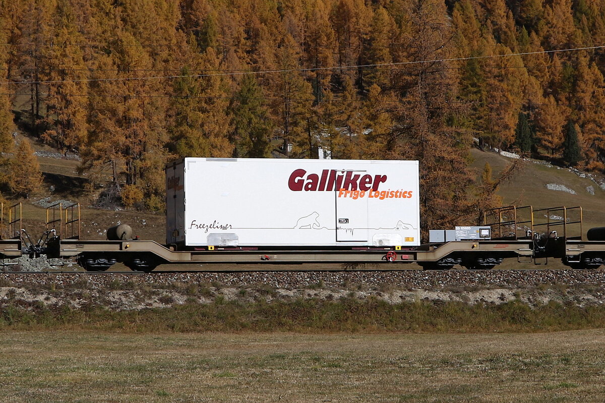 Containertragwagen Sb 65685 mit einem Container der Firma  GALLIKER  am 26. Oktober 2021 bei Bever.