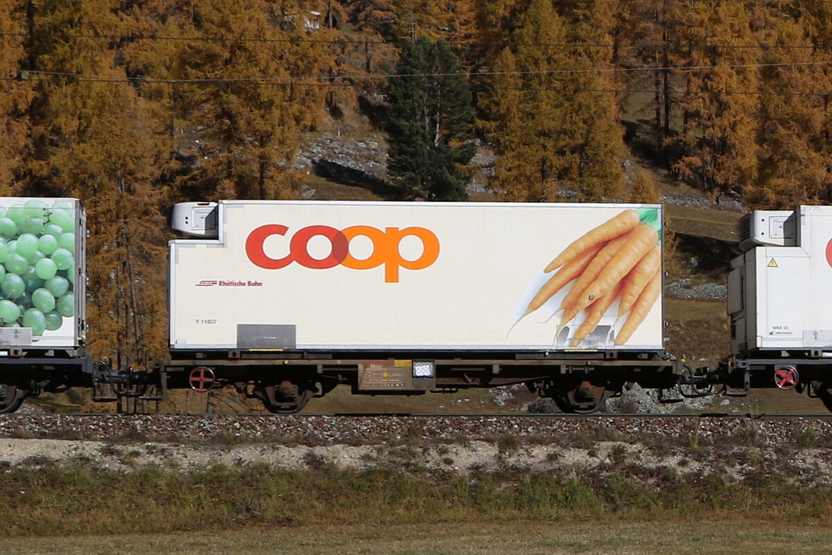 Lb 7858 mit einem  COOP -Container am 26. Oktober 2021 bei Bever.