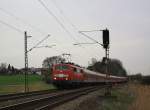 111 043-6 war am 7. April 2014 im Auftrag von  Meridian  von München nach Salzburg bei Bernau am Chiemsee unterwegs
