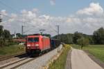 185 265-6 mit dem  Aicher-Stahlzug  am 18. August 2015 bei Baierbach.