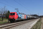 185 340  Aus dem Rheinland nach Europa  von Rhein Cargo  mit einem Kesselwagenzug am 19. Mrz 2020 bei Grabensttt.