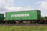 container-tragwagen/576668/4951-079-9-sggmrss-mit-einem-evergreen-container 4951 079-9 (Sggmrss) mit einem 'Evergreen'-Container am 19. August 2017 bei Himmelstadt.