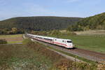 Zuge/790247/402-012-nauen-und-402-008 402 012 'Nauen' und 402 008 'Bonn' auf dem Weg nach Wrzburg am 10. Oktober 2022 bei Harrbach am Main.