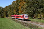 br-628-928/831903/628-628-war-am-28-oktober 628 628 war am 28. Oktober 2023 auf der 'Chiemgau-Bahn' zwischen Prien und Aschau unterwegs. Aufgenommen kurz vor dem Haltepunkt 'Umrathshausen Ort'.