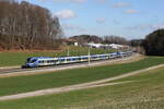 Bayerische Regiobahn/841179/430-010-und-430-025-waren 430 010 und 430 025 waren am 18. Februar 2024 bei Axdorf im Chiemgau auf dem Weg nach Mnchen.