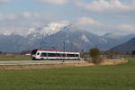 berchtesgadener-land-bahn-blb/732900/et-314-der-blb-auf-dem ET 314 der 'BLB' auf dem Weg nach Freilassing am 16. April 2021 bei Bernau am Chiemsee.