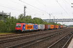 482 039 von  LOCON  war mit einem Containerzug am 28. Juni 2020 im Bahnhof von  Buchholz/Nordheide  abgestellt.