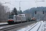 lokomotion-9/404907/186-281-2-mit-einem-gueterzug-aus 186 281-2 mit einem Gterzug aus Mnchen kommend im Bahnhof von Assling am 21. Januar 2013.