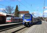 Meridian/412920/et-312-war-am-14-februar ET 312 war am 14. Februar 2014 die hinter Garnitur des Zuges nach Mnchen. Aufgenommen im Bahnhof von Prien.