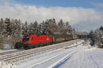 1016 018 war am 12. Dezember 2022 mit einem Schiebewandwagenzug bei Grabensttt im Chiemgau in Richtung Mnchen unterwegs.