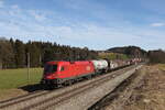 br-1016/805578/1016-023-mit-einem-gemischten-gueterzug 1016 023 mit einem gemischten Gterzug aus Salzburg kommend am 22. Februar 2023 bei Htt im Chiemgau.