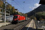 1116 198 mit einem Schiebewand-Wagenzug vom Brenner kommend am 16.