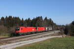 1116 067 & 1116 061 mit einem gemischten Gterzug aus Salzburg kommend am 7. Februar 2023 bei Sossau im Chiemgau.