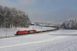 1116 278 und 1293 189 mit einem gemischten Gterzug aus Salzburg kommend am 13. Januar 2024 bei Axdorf im Chiemgau.