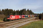br-xx16-werbeloks/799273/1116-249-mit-dem-oefb-railjet-aus 1116 249 mit dem 'FB-Railjet' aus Salzburg kommend am 4. Januar 2023 bei Sossau im Chiemgau.