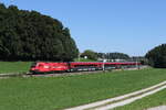 br-xx16-werbeloks/826536/1116-225-mit-einem-railjet-aus 1116 225 mit einem Railjet aus Salzburg kommend am 6. September 2023 bei Axdorf im Chiemgau.