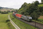 193 209 mit einem Containerzug im Haunetal bei Hermannspiegel.
