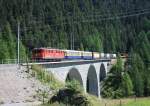 RhB 6/6 II 705  Pontresina  ist am 18. August 2014 auf der Albula-Strecke zwischen Preda und Bergn unterwegs.