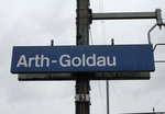 Bahnhofsschild von  Arth-Goldau  am 23. Mai 2016.