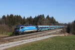 1219 249 war mit dem  Klima-Railjet  am 7. Februar 2023 bei Sossau auf dem Weg nach Innsbruck.