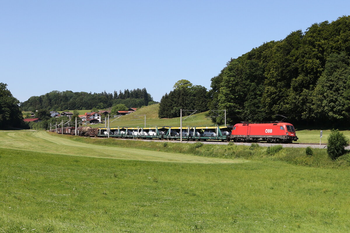 1016 003 mit einem gemischten Gterzug aus Rosenheim kommend am 25. Juni 2025 bei Axdorf.