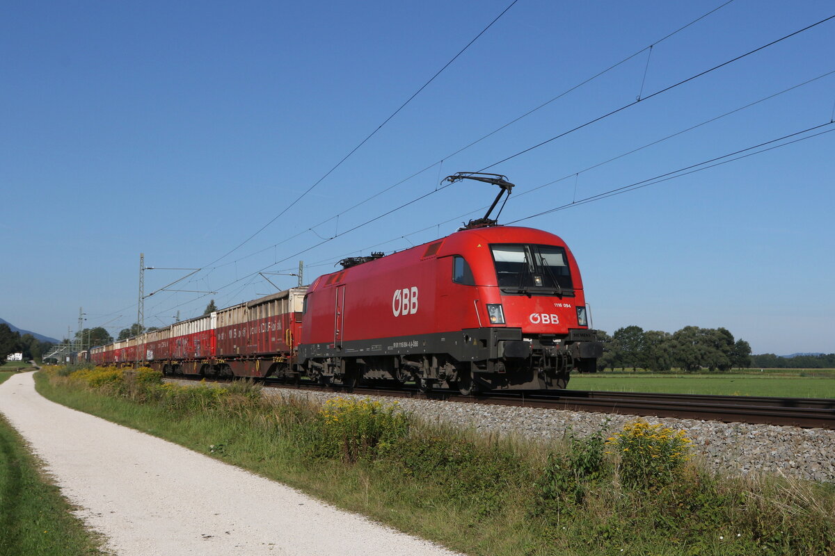 1116 094 mit einem Containerzug aus Rosenheim kommend am 24. August 20222 bei bersee am Chiemsee.