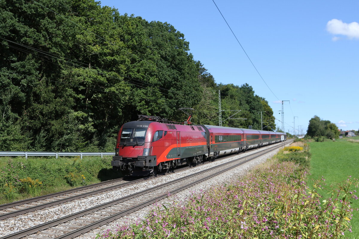 1116 228 aus Salzburg kommend am 6. September 2025 bei Hufschlag/Traunstein. 1116 228 aus Salzburg kommend am 6. September 2025 bei Hufschlag/Traunstein.