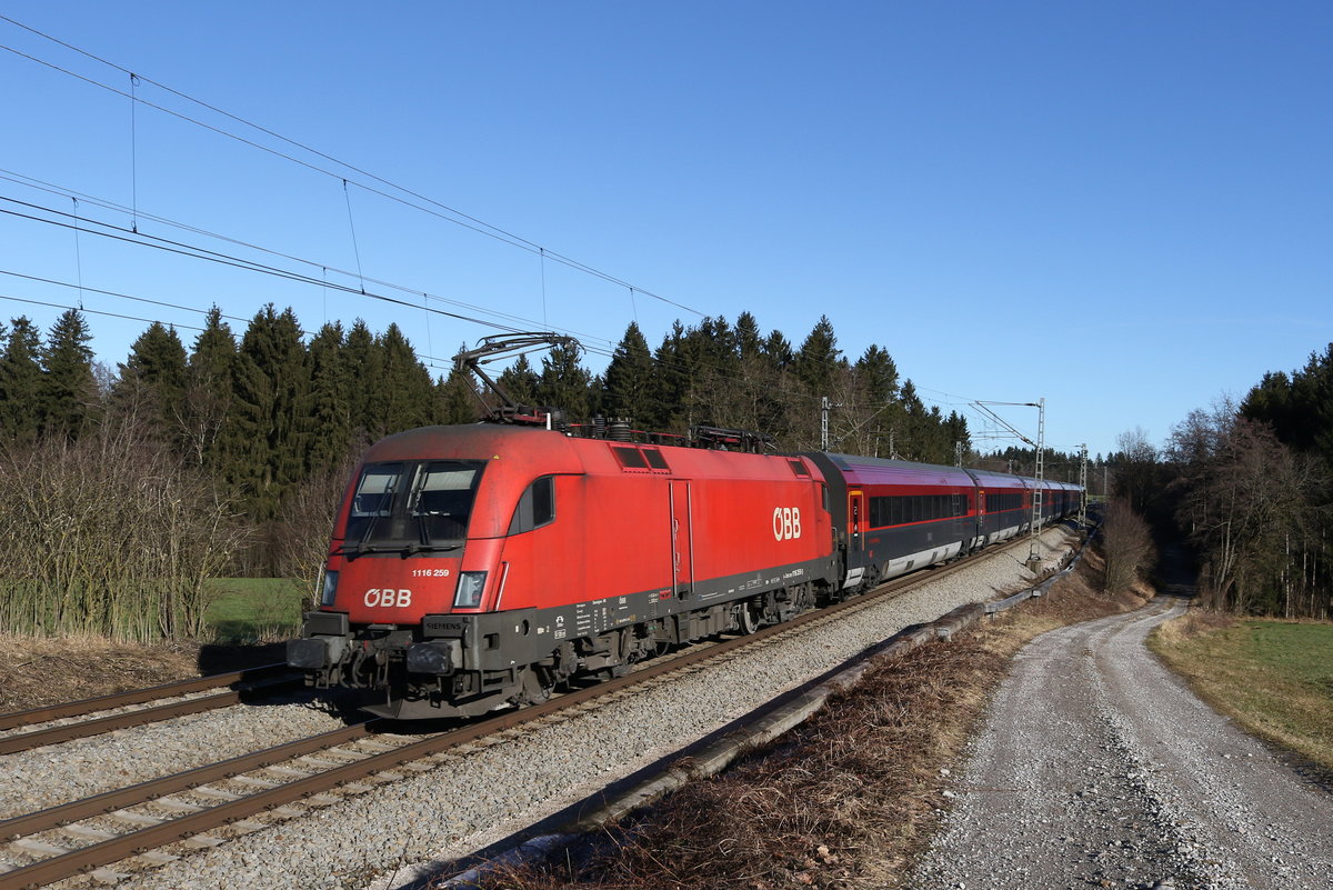 1116 259 schiebend an einem Railjet in Richtung Salzburg am 6. Januar 2020 bei Grabensttt.