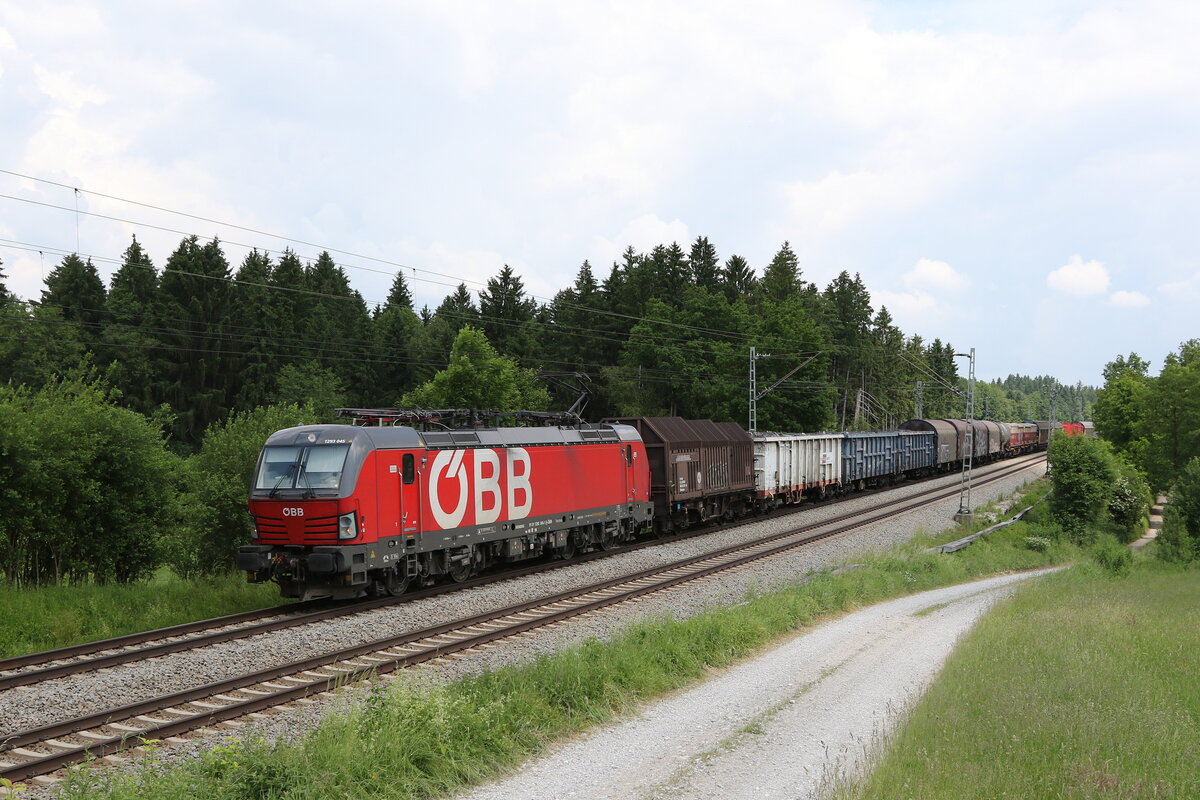 1293 045 mit einem gemischten Gterzug aus Salzburg kommend am 10. Juni 2021 bei Grabensttt im Chiemgau.
