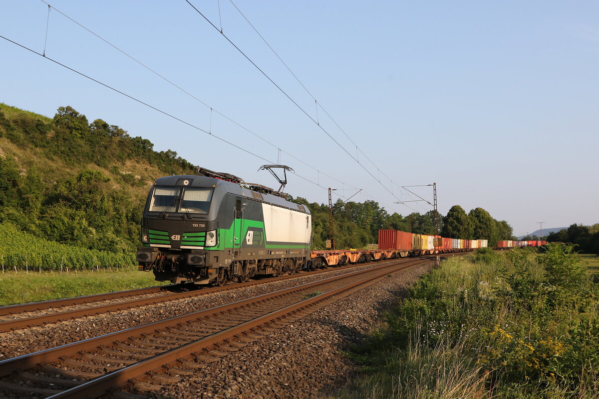 193 733 mit einem Containerzug aus Wrzburg kommend am 23. Juli 2021 bei Himmelstadt am Main.