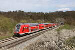 445 085 war am 5. April bei Solnhofen im Altmhltal in Richtung Treuchtlingen unterwegs. Im Hintergrund ist der  Esslinger Tunnel zu sehen.