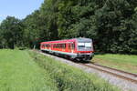 br-628-928/856205/628-630-war-am-15-juli 628 630 war am 15. Juli 2024 auf der Chiemgau-Bahn' im Einsatz. Aufgenommen bei 'Umrathshausen Ort' bei der Fahrt von Prien nach Aschau.