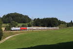1011 057 und 101 069 waren am 19. August 2025 mit dem 'IC Knigssee' bei Vachendorf im Chiemgau in Richtung Mnchen unterwegs.